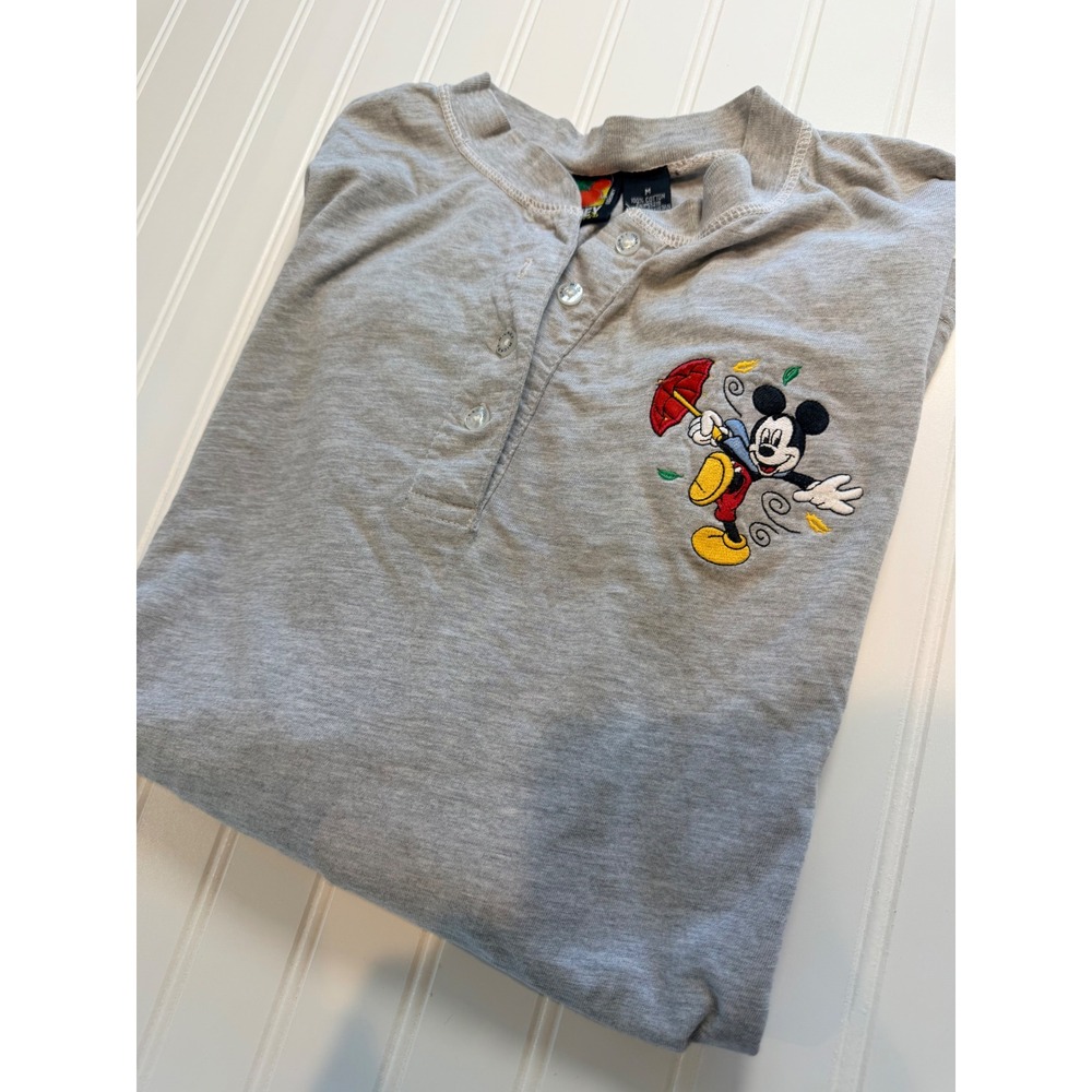 Mickey Unlimited Mens Gray Long Sleeve Henley Shirt Mickey Mouse Embroidered M